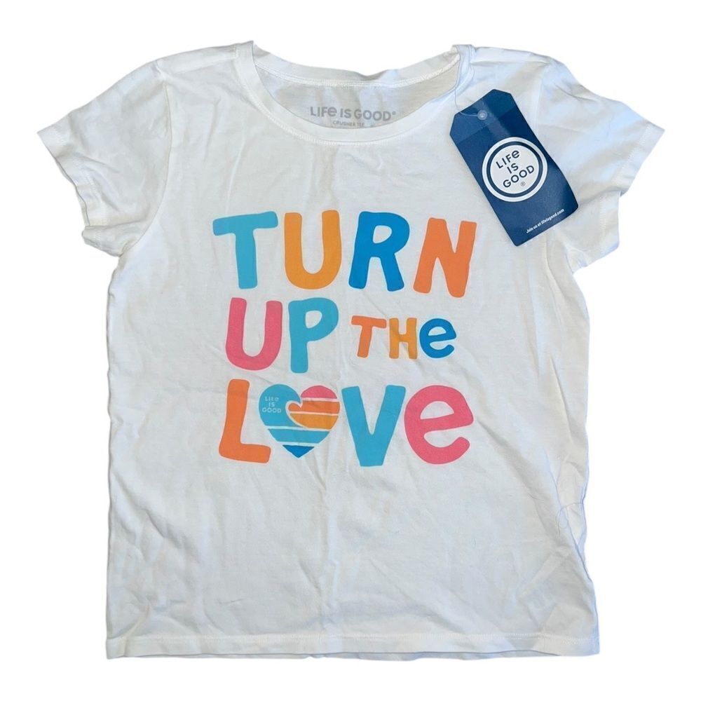 Life Is Good Girls Turn Up The Love Crusher T-Shirt White 100% Cotton Large NWT